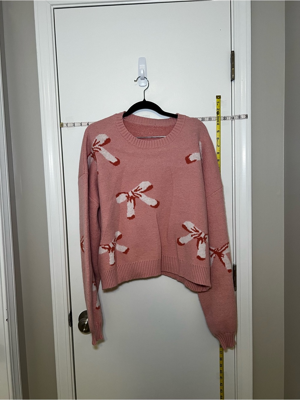 Women's Pink Bow-Print Crewneck Sweater